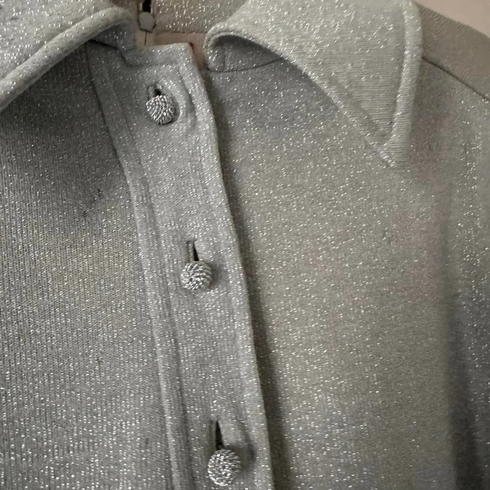 70s Silver Lurex Maxi Dress Disco Metallic Showgirl Shirt Collar Medium Vintage - Picture 7 of 9